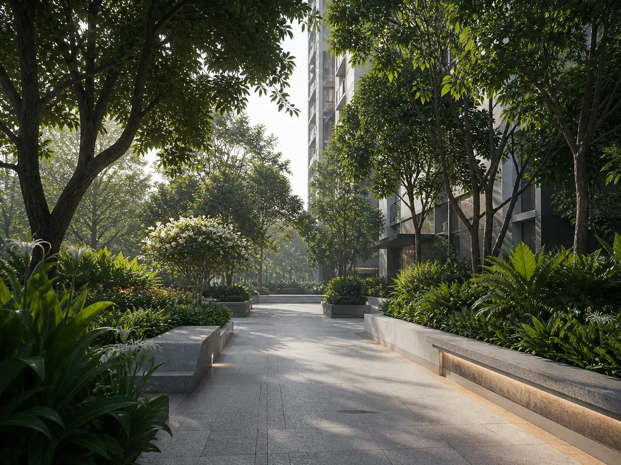 Brigade Banashankari shaded landscaped pedestrian arrival with dense tropical planting